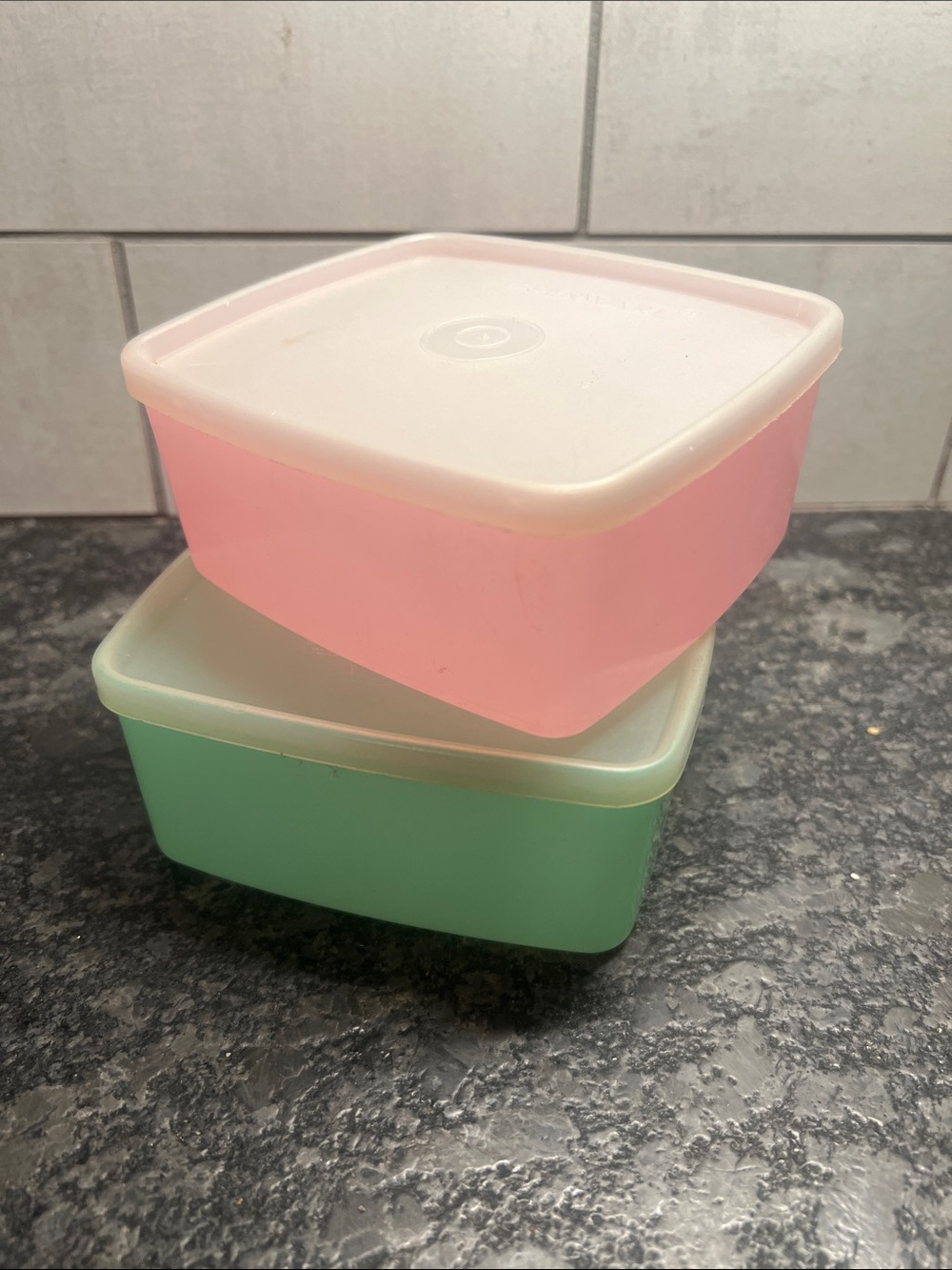 Set of 2 Tupperware Pink and Mint Green Food Storage Boxes with White Lids